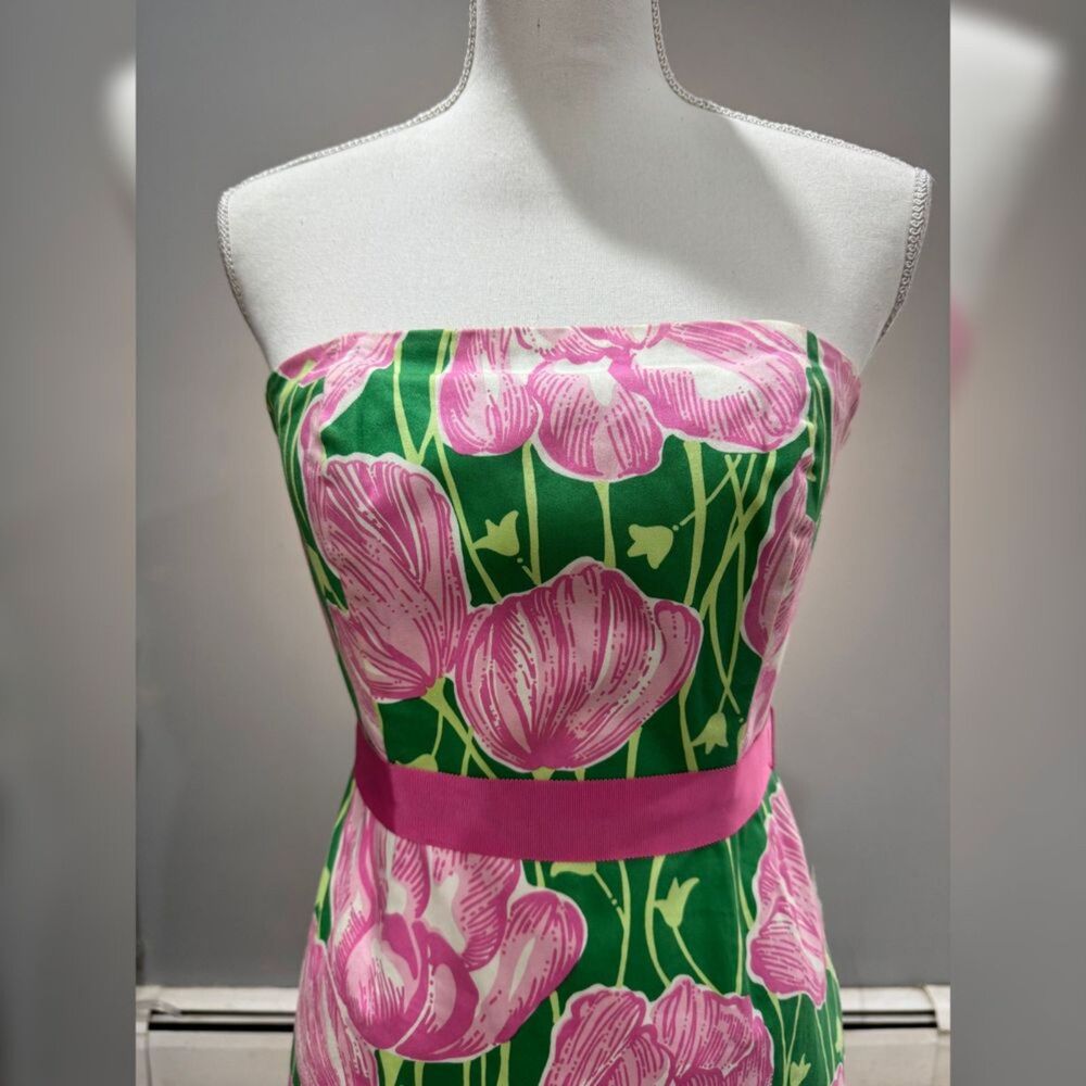 Green/Pink Lilly Pulitzer Vintage Strapless Tulip Print Dress Size 0 EUC - Picture 3 of 8